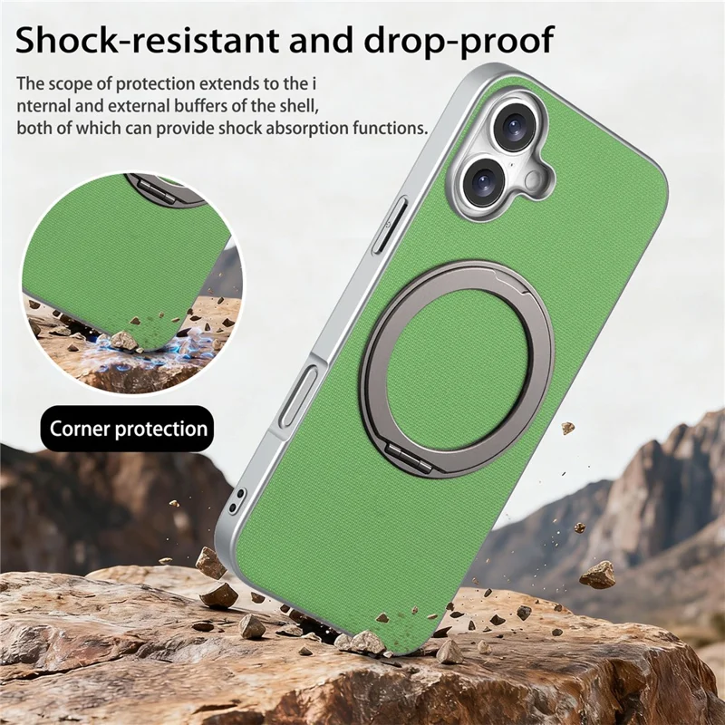 For iPhone 17 Magnetic Case Ring Kickstand Fine Grid Texture Leather + PC + TPU Phone Cover - Green