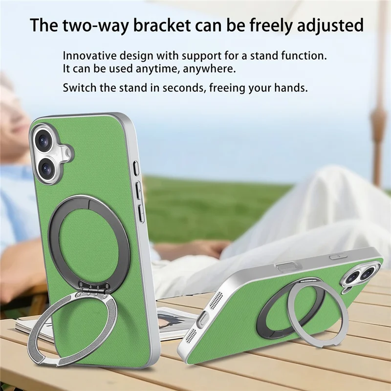 For iPhone 17 Magnetic Case Ring Kickstand Fine Grid Texture Leather + PC + TPU Phone Cover - Green