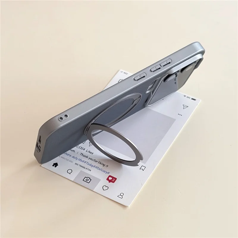 Voor Xiaomi 17 Pro Max Magnetische Hoes Ringstandaard Fijne Rasterstructuur Leren + PC + TPU Telefoonhoes - Lichtgrijs