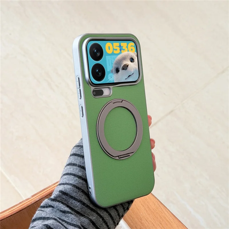 For Xiaomi 17 Pro Magnetic Case Ring Kickstand Fine Grid Texture Leather + PC + TPU Phone Cover - Light Grey