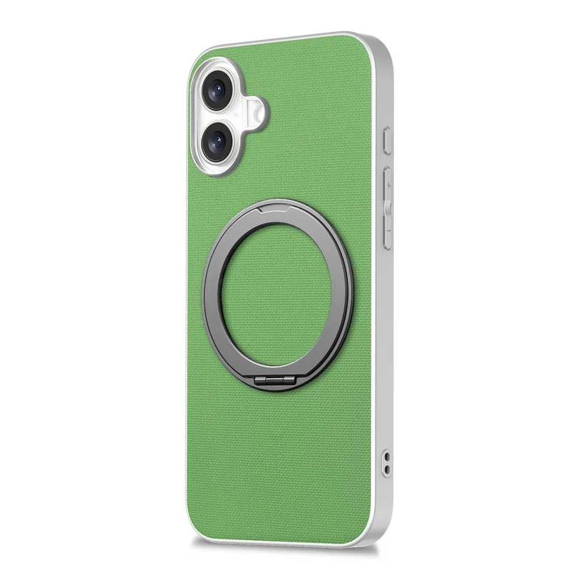 For iPhone 16 Magnetic Case Ring Kickstand Fine Grid Texture Leather + PC + TPU Phone Cover - Green