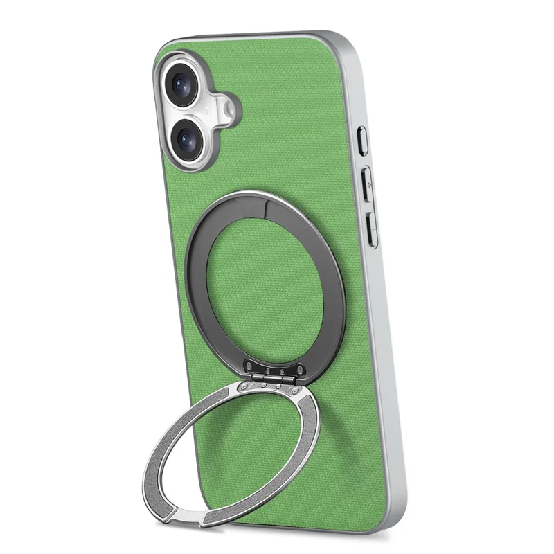 For iPhone 16 Magnetic Case Ring Kickstand Fine Grid Texture Leather + PC + TPU Phone Cover - Green