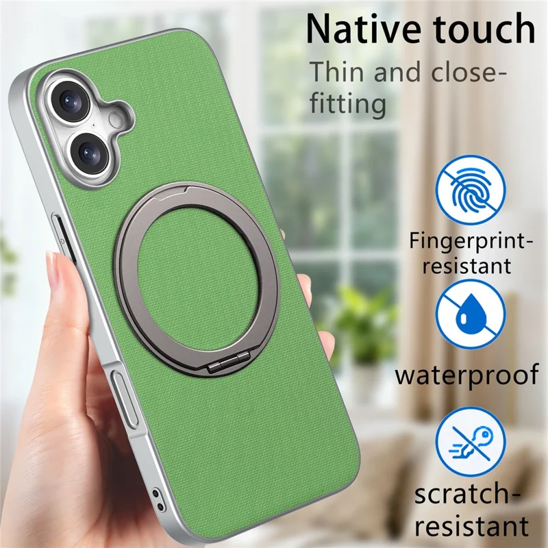 For iPhone 16 Magnetic Case Ring Kickstand Fine Grid Texture Leather + PC + TPU Phone Cover - Green