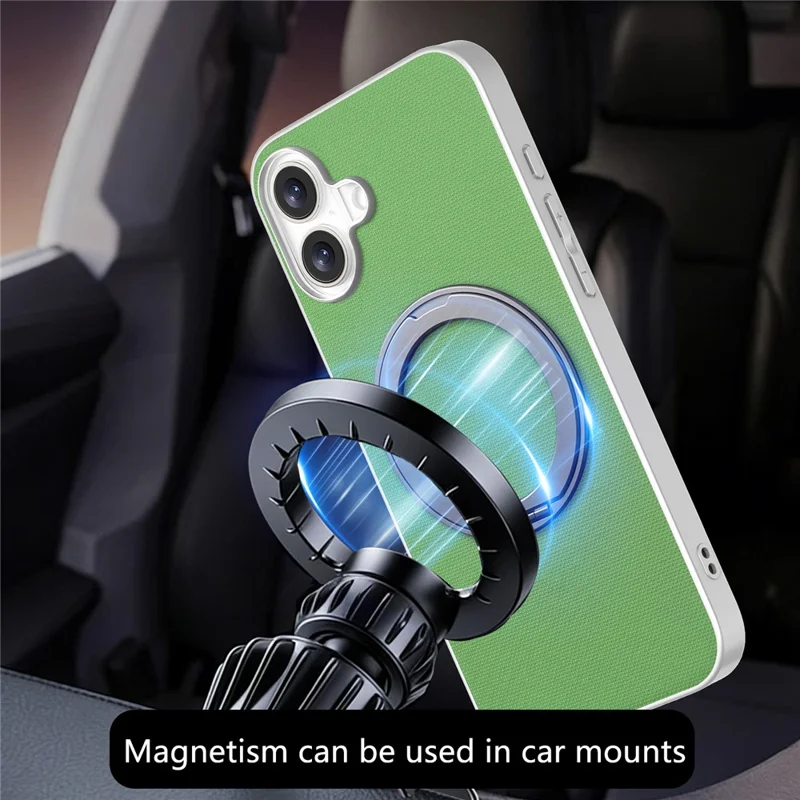 For iPhone 16 Magnetic Case Ring Kickstand Fine Grid Texture Leather + PC + TPU Phone Cover - Green