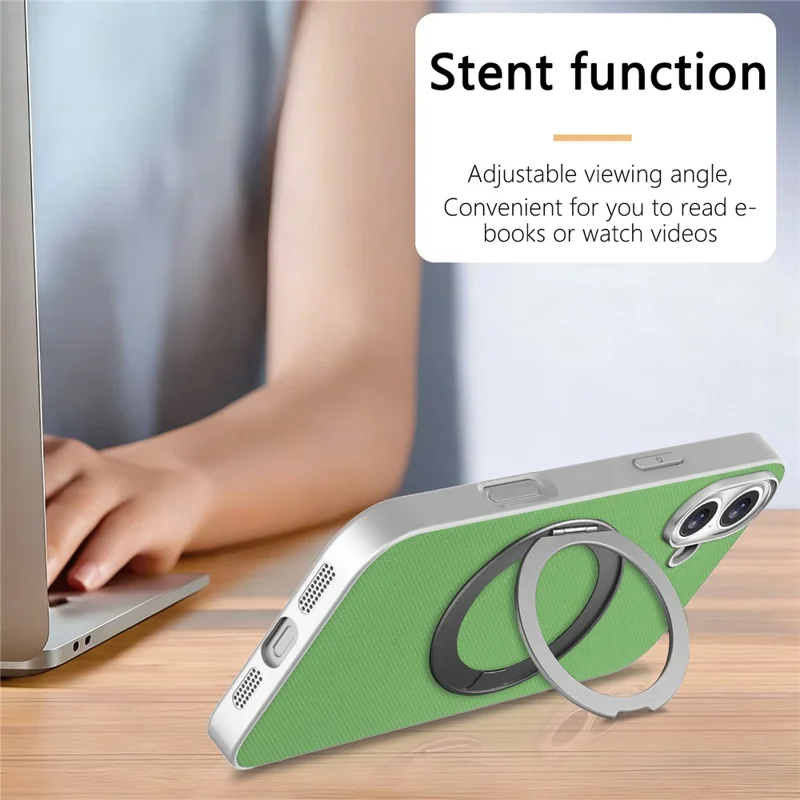 For iPhone 16 Magnetic Case Ring Kickstand Fine Grid Texture Leather + PC + TPU Phone Cover - Green