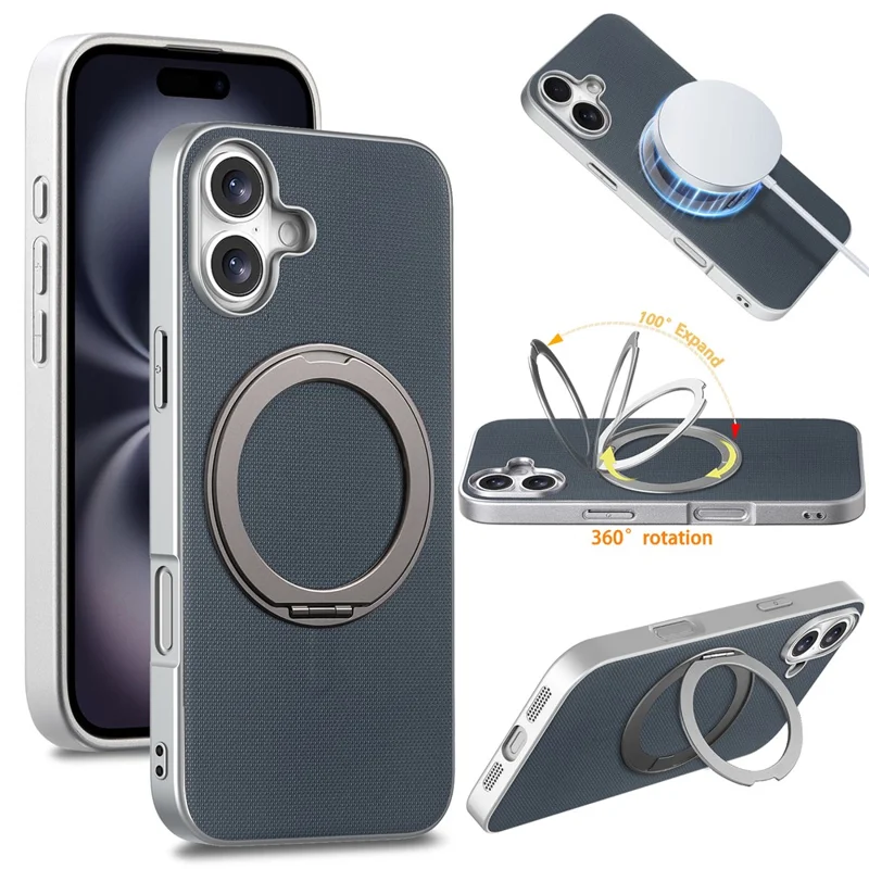 För iPhone 16 Magnetisk Skal med Ringfot och Finrutig Struktur Läderskal + PC + TPU Mobilskydd - Blå