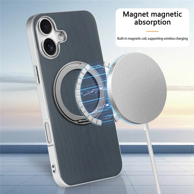 För iPhone 16 Magnetisk Skal med Ringfot och Finrutig Struktur Läderskal + PC + TPU Mobilskydd - Blå