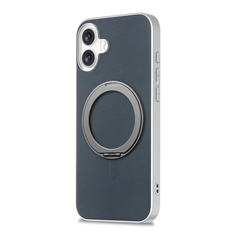 För iPhone 16 Magnetisk Skal med Ringfot och Finrutig Struktur Läderskal + PC + TPU Mobilskydd - Blå
