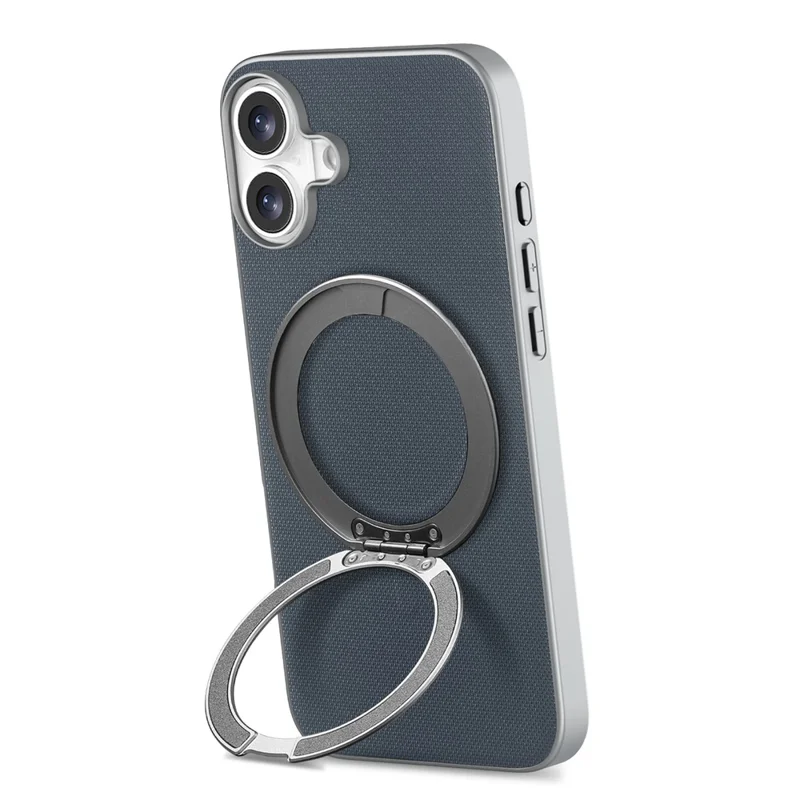För iPhone 16 Magnetisk Skal med Ringfot och Finrutig Struktur Läderskal + PC + TPU Mobilskydd - Blå