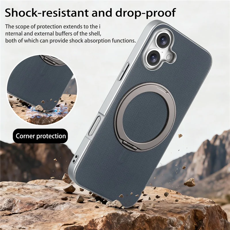 För iPhone 16 Magnetisk Skal med Ringfot och Finrutig Struktur Läderskal + PC + TPU Mobilskydd - Blå