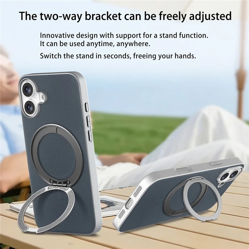 För iPhone 16 Magnetisk Skal med Ringfot och Finrutig Struktur Läderskal + PC + TPU Mobilskydd - Blå