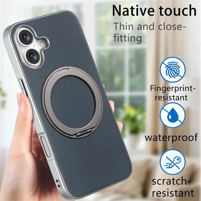 För iPhone 16 Magnetisk Skal med Ringfot och Finrutig Struktur Läderskal + PC + TPU Mobilskydd - Blå