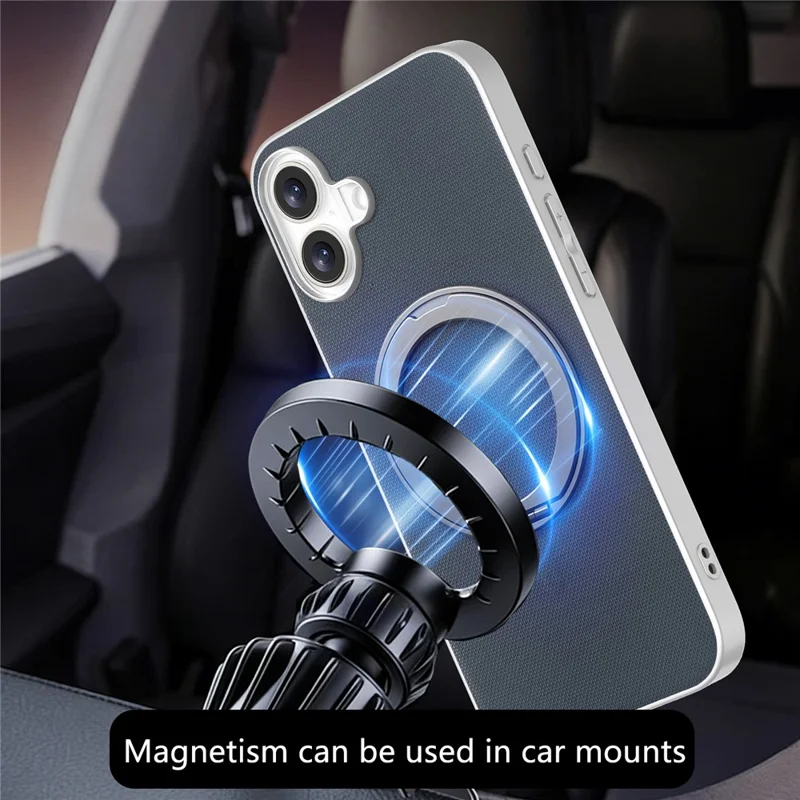 För iPhone 16 Magnetisk Skal med Ringfot och Finrutig Struktur Läderskal + PC + TPU Mobilskydd - Blå