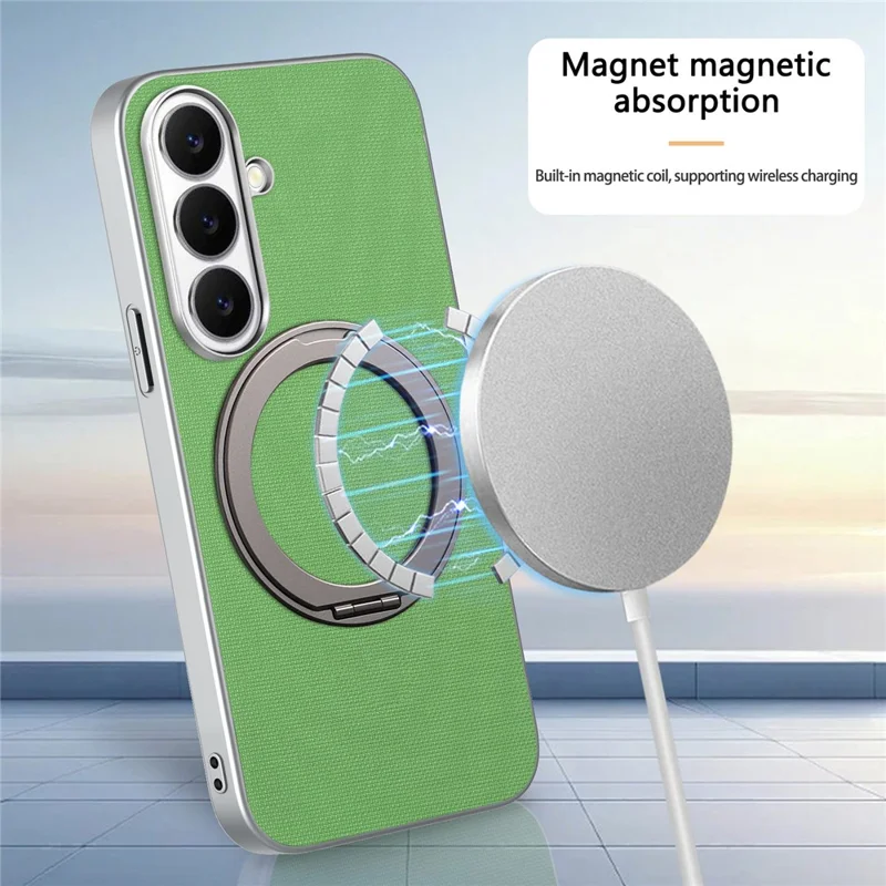 For Samsung Galaxy S26 Magnetic Case Ring Kickstand Fine Grid Texture Leather + PC + TPU Phone Cover - Green