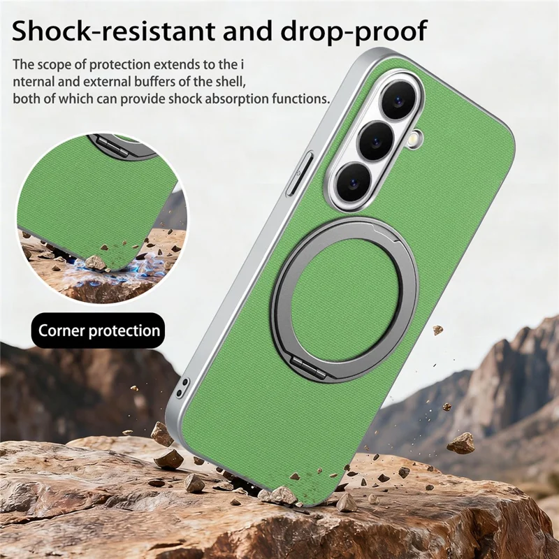For Samsung Galaxy S26 Magnetic Case Ring Kickstand Fine Grid Texture Leather + PC + TPU Phone Cover - Green