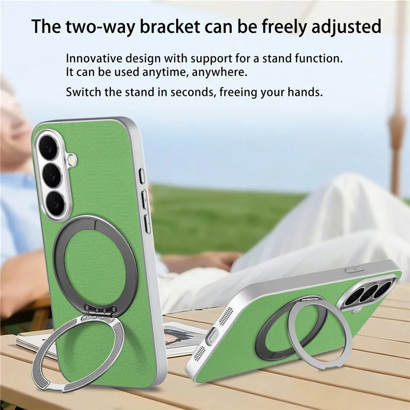 For Samsung Galaxy S26 Magnetic Case Ring Kickstand Fine Grid Texture Leather + PC + TPU Phone Cover - Green