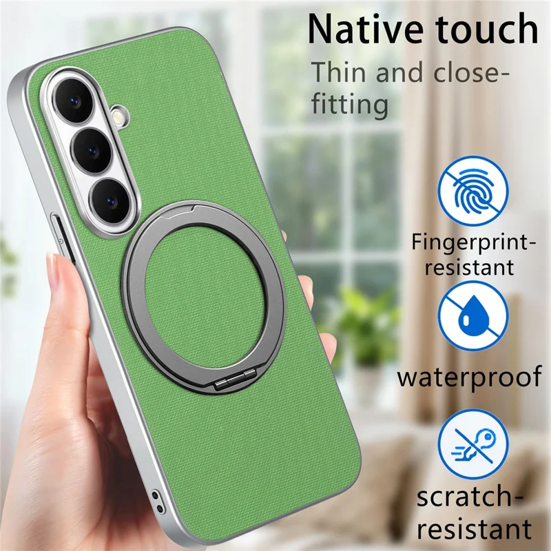 For Samsung Galaxy S26 Magnetic Case Ring Kickstand Fine Grid Texture Leather + PC + TPU Phone Cover - Green
