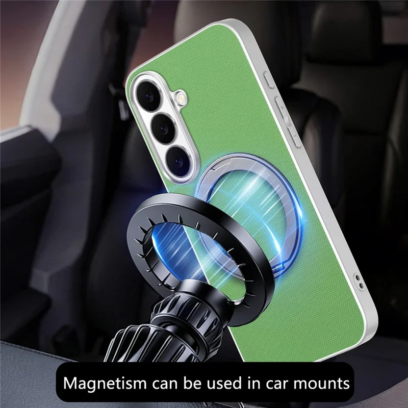 For Samsung Galaxy S26 Magnetic Case Ring Kickstand Fine Grid Texture Leather + PC + TPU Phone Cover - Green