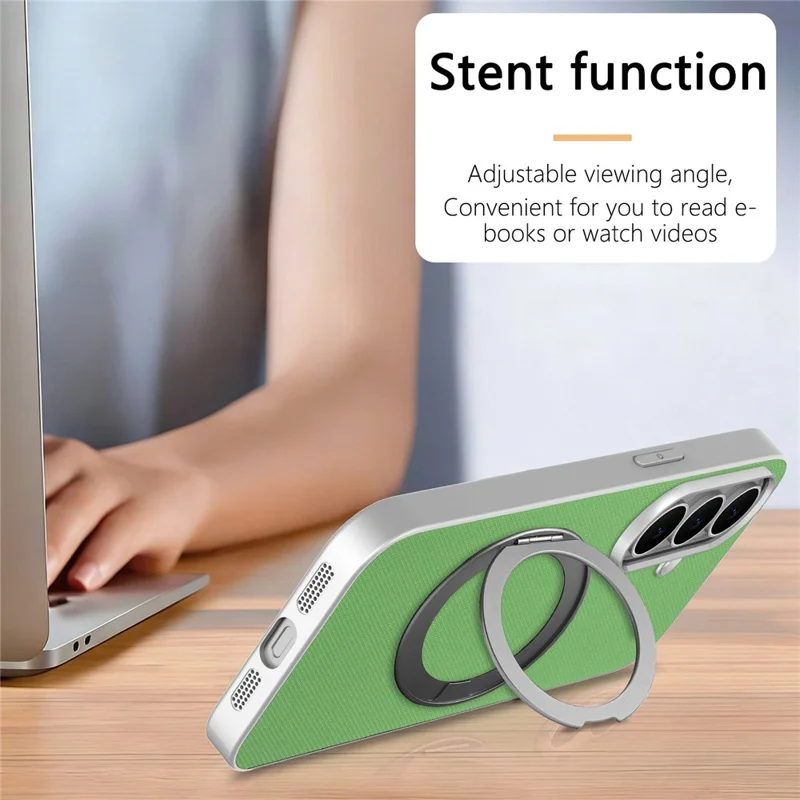 For Samsung Galaxy S26 Magnetic Case Ring Kickstand Fine Grid Texture Leather + PC + TPU Phone Cover - Green