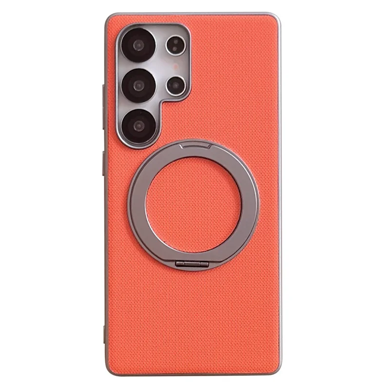 For Samsung Galaxy S25 Ultra Magnetic Case Ring Kickstand Fine Grid Texture Leather + PC + TPU Phone Cover - Orange