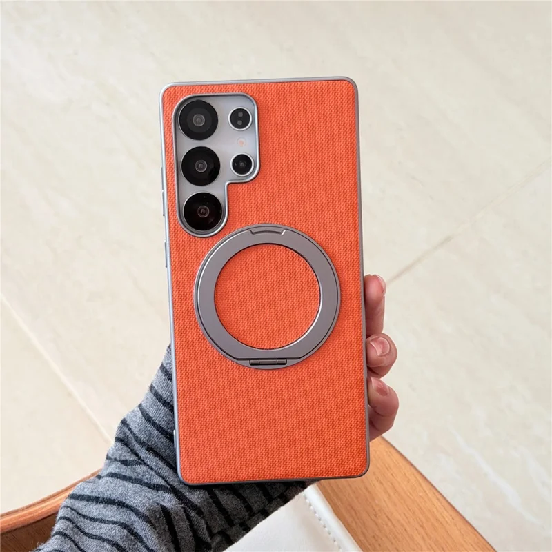 For Samsung Galaxy S25 Ultra Magnetic Case Ring Kickstand Fine Grid Texture Leather + PC + TPU Phone Cover - Orange