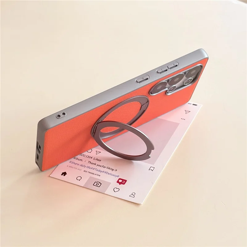 For Samsung Galaxy S25 Ultra Magnetic Case Ring Kickstand Fine Grid Texture Leather + PC + TPU Phone Cover - Orange