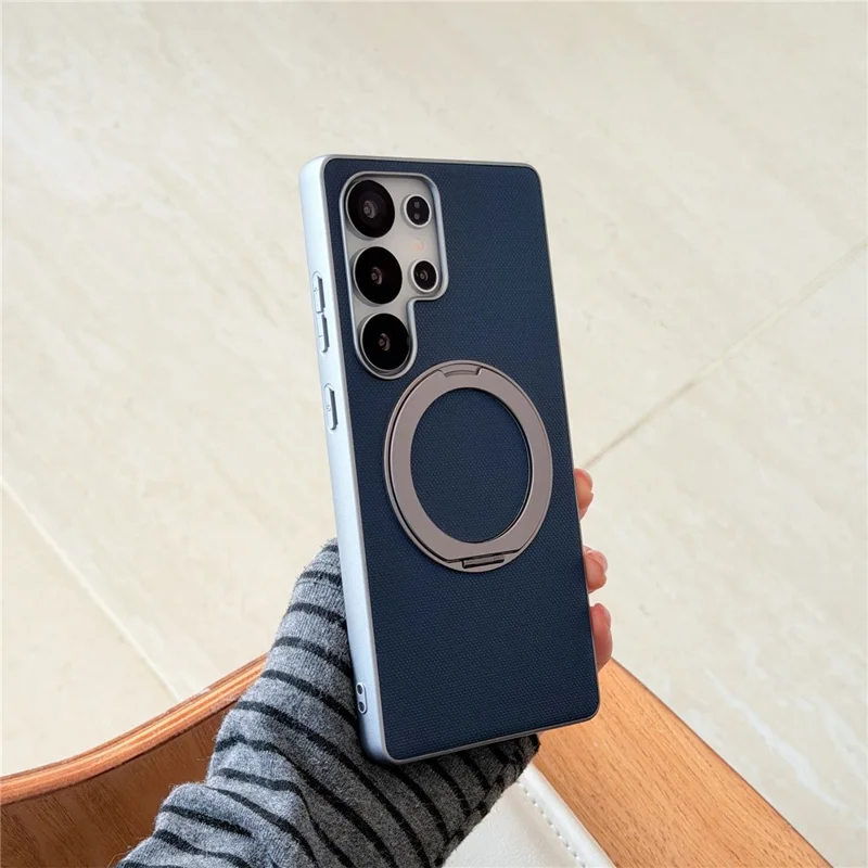 For Samsung Galaxy S25 Ultra Magnetic Case Ring Kickstand Fine Grid Texture Leather + PC + TPU Phone Cover - Orange