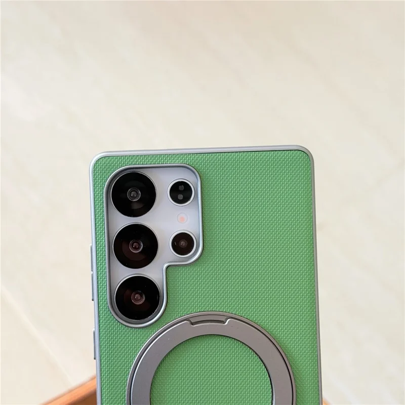 For Samsung Galaxy S25 Ultra Magnetic Case Ring Kickstand Fine Grid Texture Leather + PC + TPU Phone Cover - Orange
