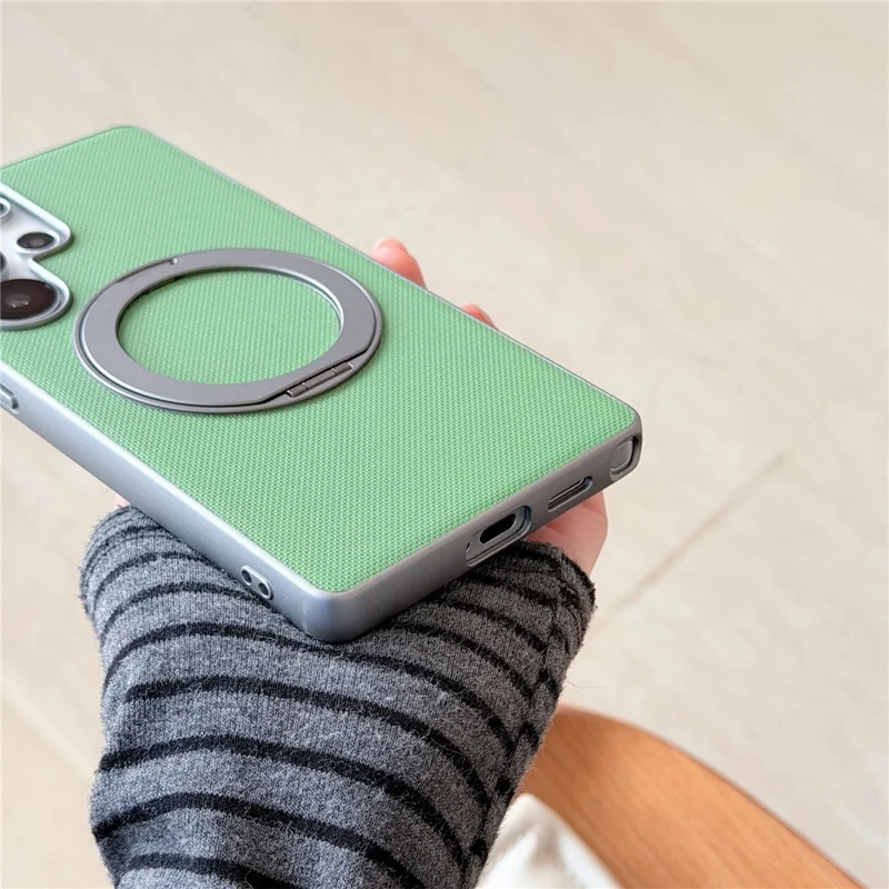For Samsung Galaxy S25 Ultra Magnetic Case Ring Kickstand Fine Grid Texture Leather + PC + TPU Phone Cover - Orange