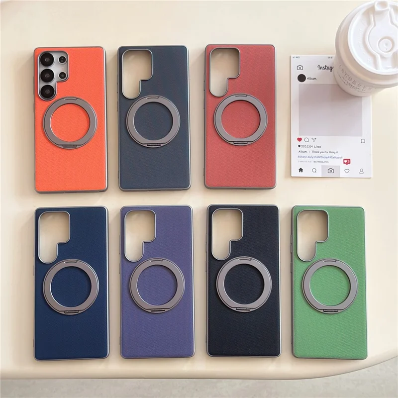For Samsung Galaxy S25 Ultra Magnetic Case Ring Kickstand Fine Grid Texture Leather + PC + TPU Phone Cover - Orange