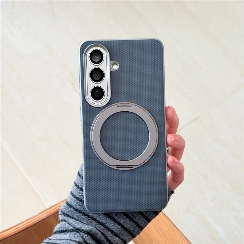 Etui magnetyczne z pierścieniem i podstawką obrotową do Samsung Galaxy S25, wykończenie w drobny warkocz, pokrowiec z skóry syntetycznej + PC + TPU - Jasnoszary