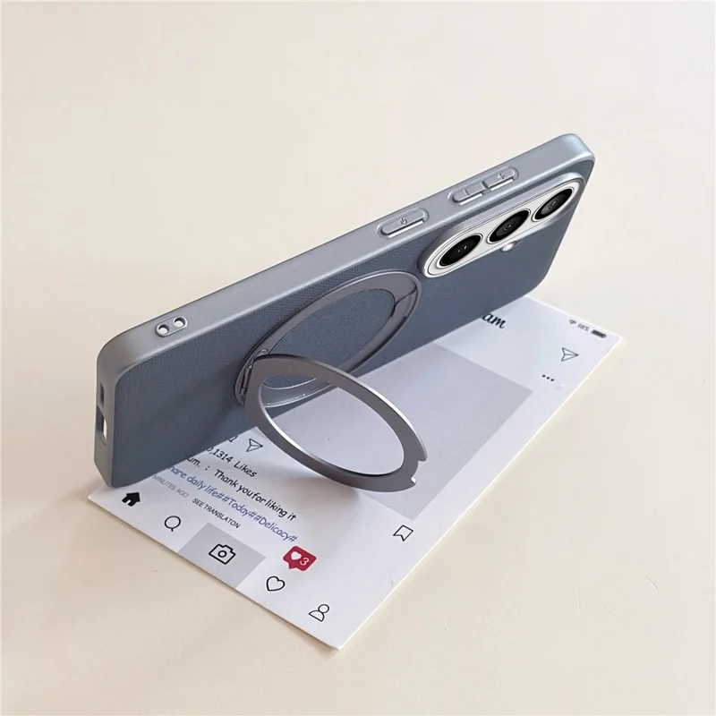 Etui magnetyczne z pierścieniem i podstawką obrotową do Samsung Galaxy S25, wykończenie w drobny warkocz, pokrowiec z skóry syntetycznej + PC + TPU - Jasnoszary