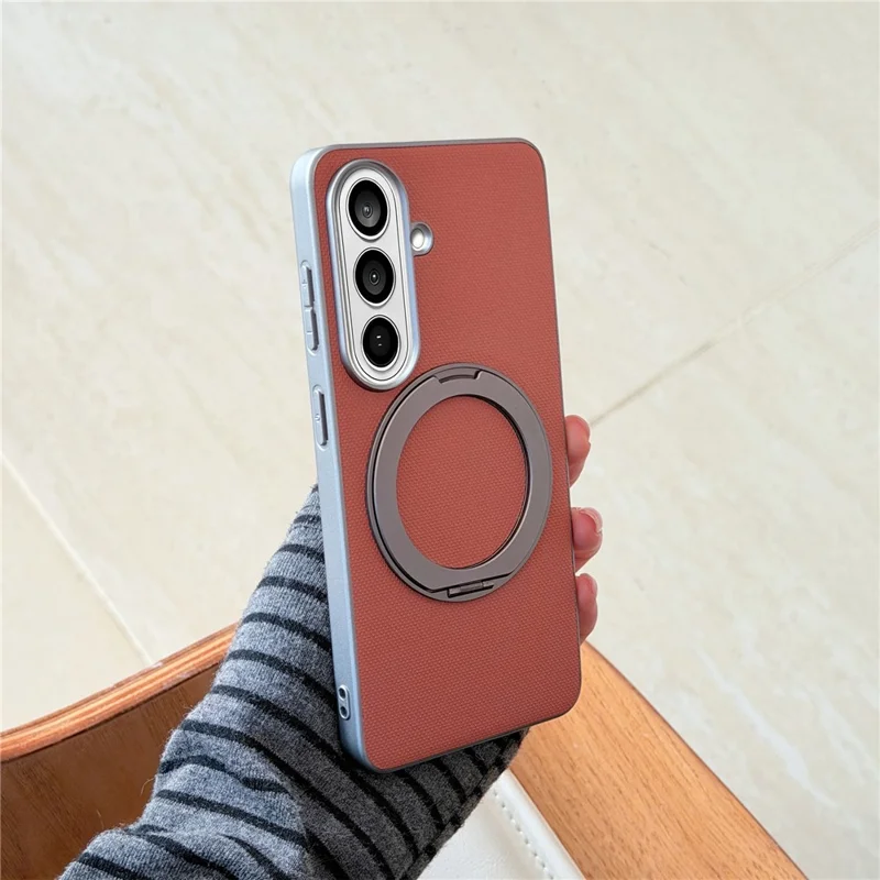 Etui magnetyczne z pierścieniem i podstawką obrotową do Samsung Galaxy S25, wykończenie w drobny warkocz, pokrowiec z skóry syntetycznej + PC + TPU - Jasnoszary