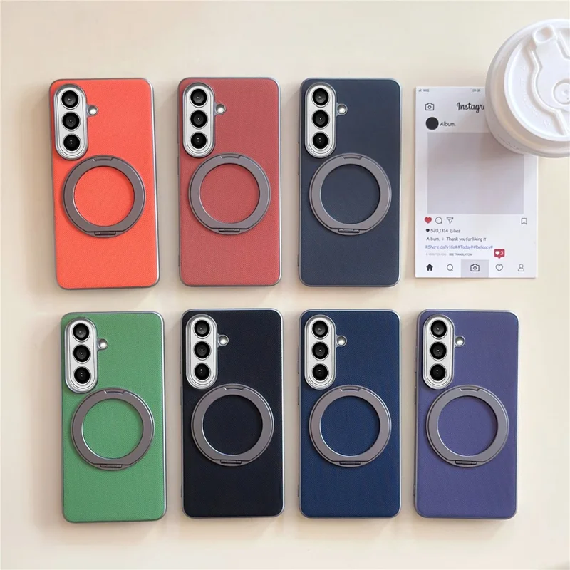 Etui magnetyczne z pierścieniem i podstawką obrotową do Samsung Galaxy S25, wykończenie w drobny warkocz, pokrowiec z skóry syntetycznej + PC + TPU - Jasnoszary