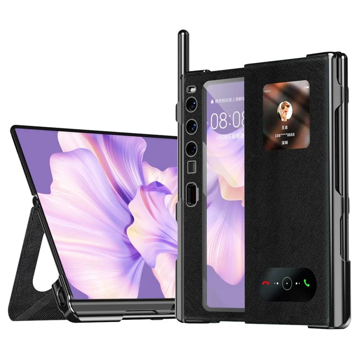 Per Huawei Mate Xs 2 Custodia Folio con Texture a Croce in Pelle PU + PC Anti-Graffio Placcatura Elettrolitica con Pellicola in Vetro Temperato e Penna Stilo - Nero