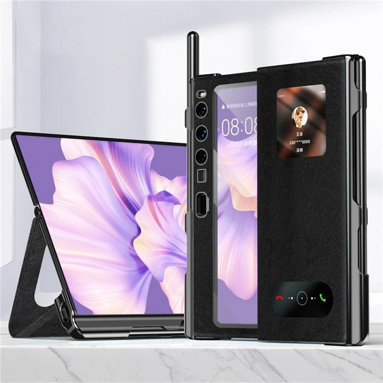 Per Huawei Mate Xs 2 Custodia Folio con Texture a Croce in Pelle PU + PC Anti-Graffio Placcatura Elettrolitica con Pellicola in Vetro Temperato e Penna Stilo - Nero