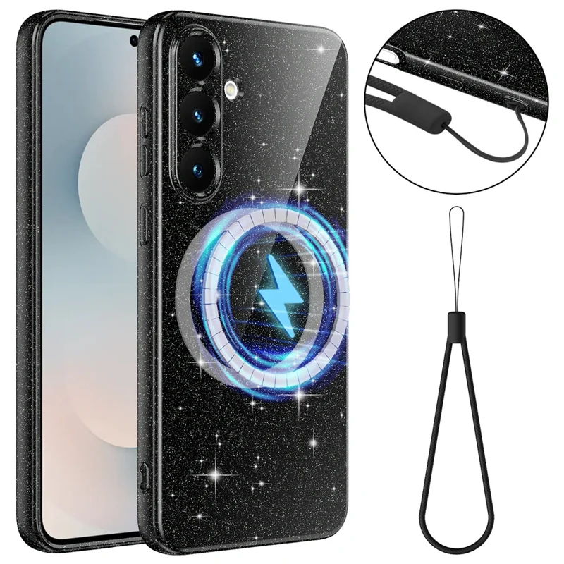 For Samsung Galaxy S25 FE Magnetic Case Glitter TPU Shockproof Phone Cover with Lanyard - Black