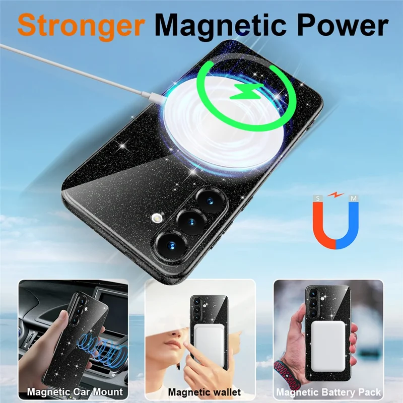 For Samsung Galaxy S25 FE Magnetic Case Glitter TPU Shockproof Phone Cover with Lanyard - Black