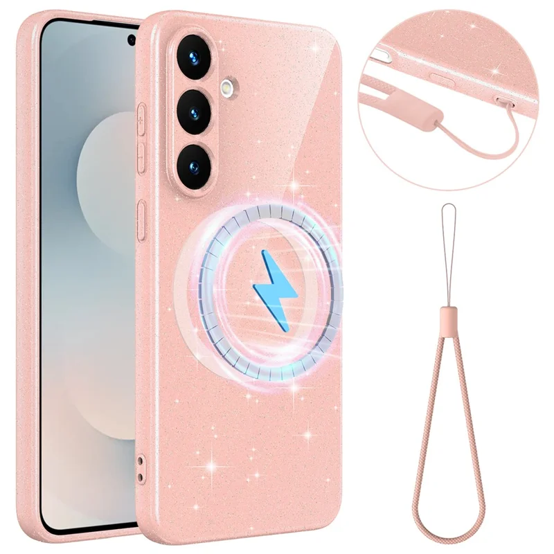 For Samsung Galaxy S25 FE Magnetic Case Glitter TPU Shockproof Phone Cover with Lanyard - Pink