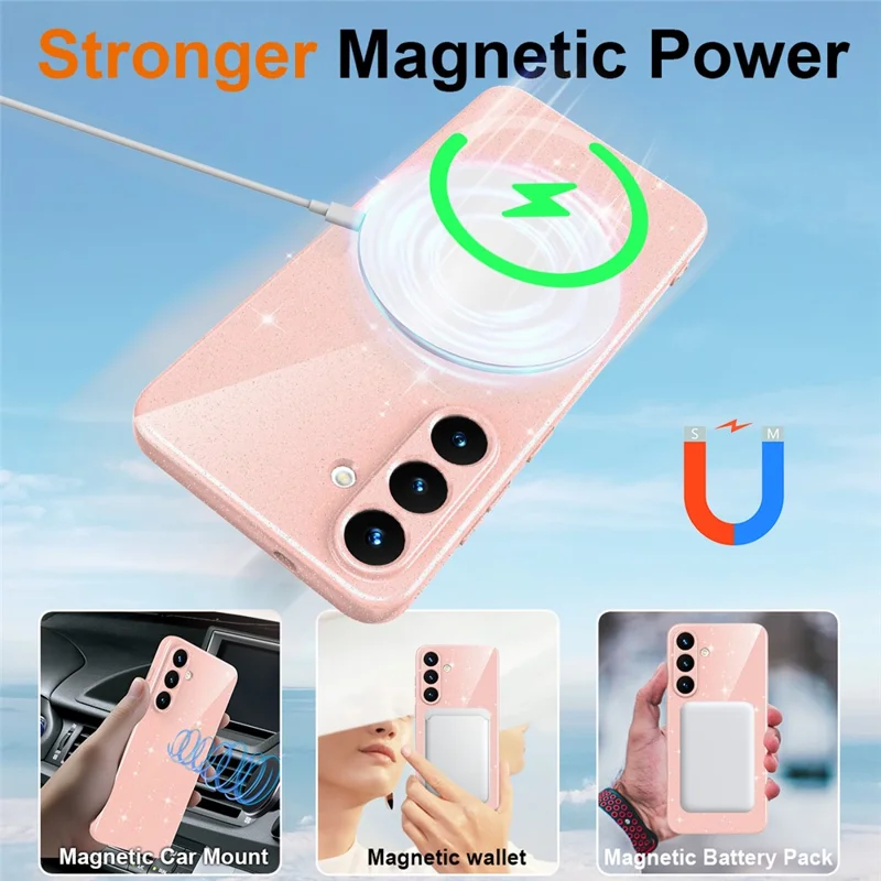 For Samsung Galaxy S25 FE Magnetic Case Glitter TPU Shockproof Phone Cover with Lanyard - Pink
