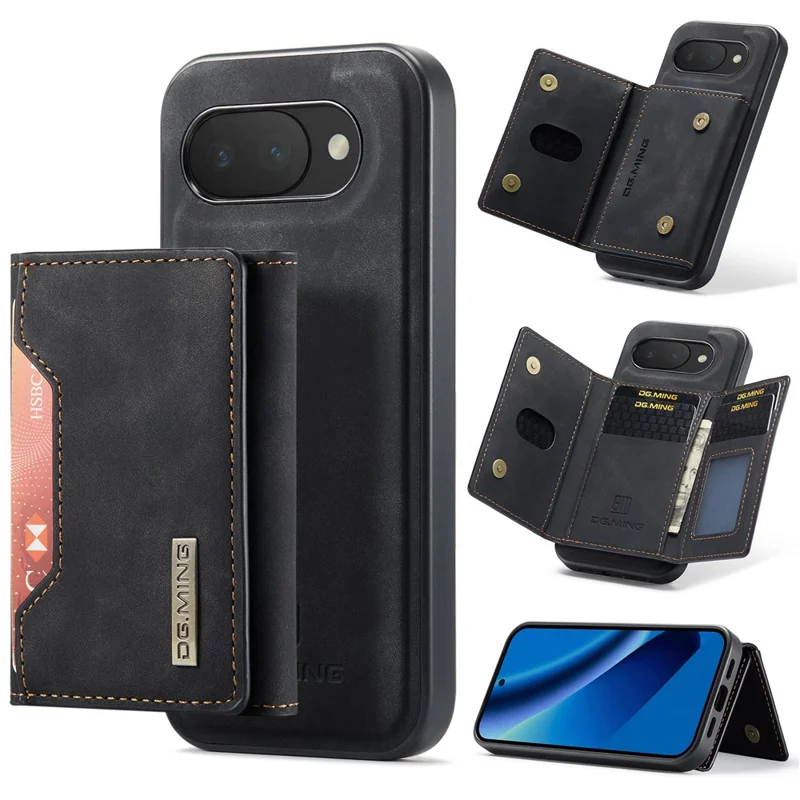 DG.MING M2 Series for Google Pixel 10a Magnetic Case PU + PC + TPU Phone Cover Detachable Wallet Kickstand - Black