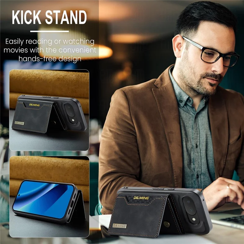 DG.MING M2 Series for Google Pixel 10a Magnetic Case PU + PC + TPU Phone Cover Detachable Wallet Kickstand - Black