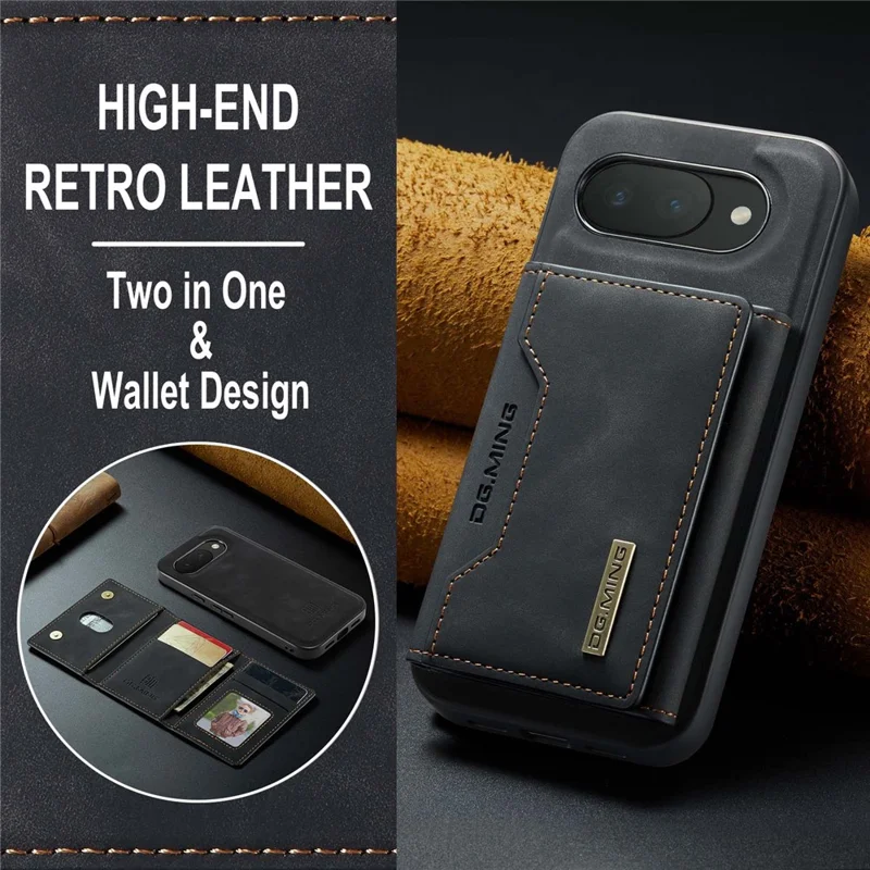 DG.MING M2 Series for Google Pixel 10a Magnetic Case PU + PC + TPU Phone Cover Detachable Wallet Kickstand - Black