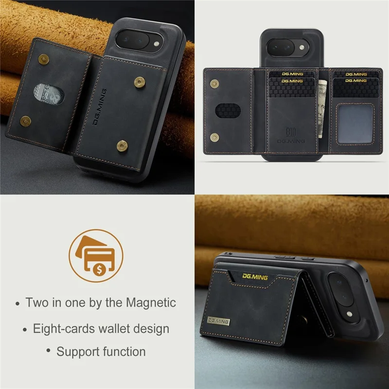 DG.MING M2 Series for Google Pixel 10a Magnetic Case PU + PC + TPU Phone Cover Detachable Wallet Kickstand - Black