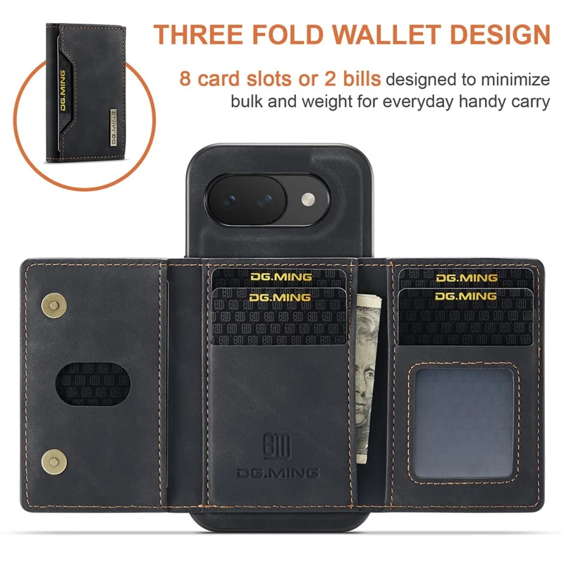 DG.MING M2 Series for Google Pixel 10a Magnetic Case PU + PC + TPU Phone Cover Detachable Wallet Kickstand - Black