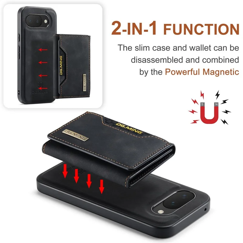 DG.MING M2 Series for Google Pixel 10a Magnetic Case PU + PC + TPU Phone Cover Detachable Wallet Kickstand - Black