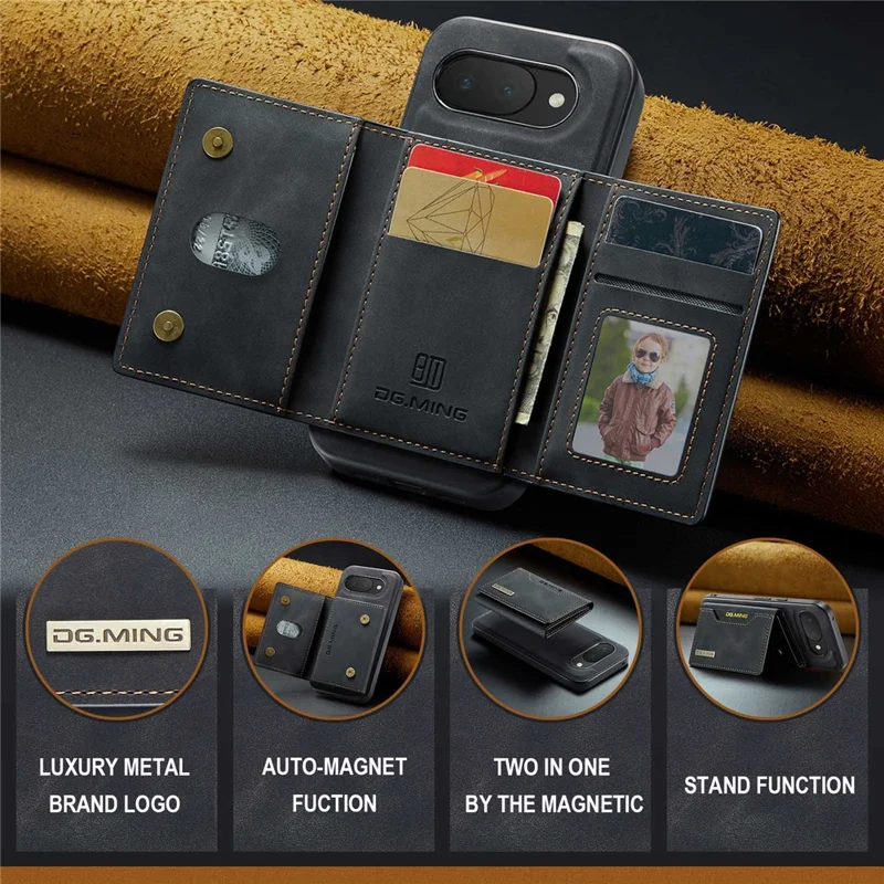 DG.MING M2 Series for Google Pixel 10a Magnetic Case PU + PC + TPU Phone Cover Detachable Wallet Kickstand - Black
