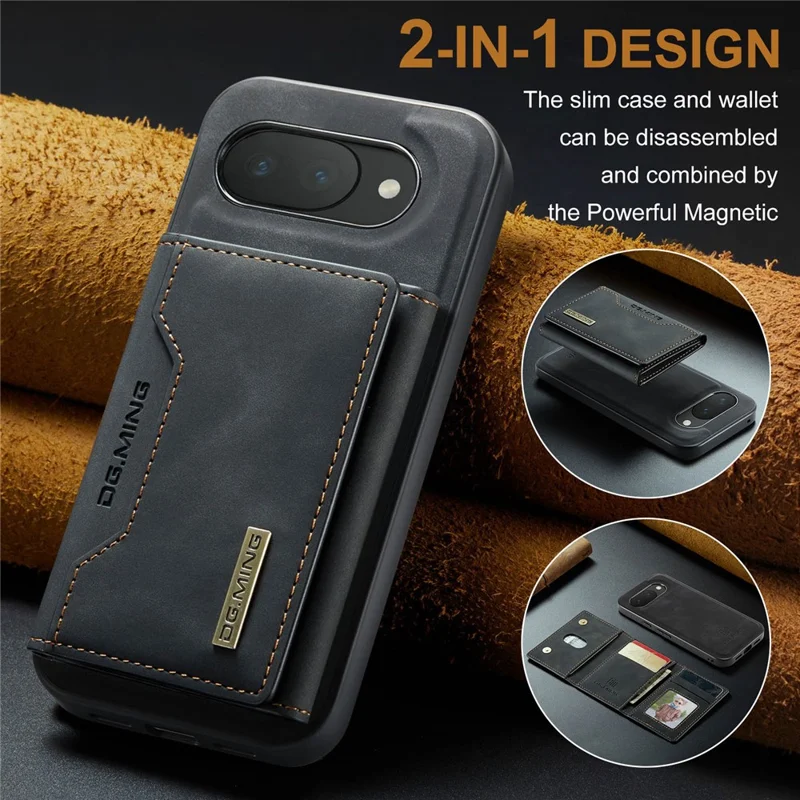 DG.MING M2 Series for Google Pixel 10a Magnetic Case PU + PC + TPU Phone Cover Detachable Wallet Kickstand - Black