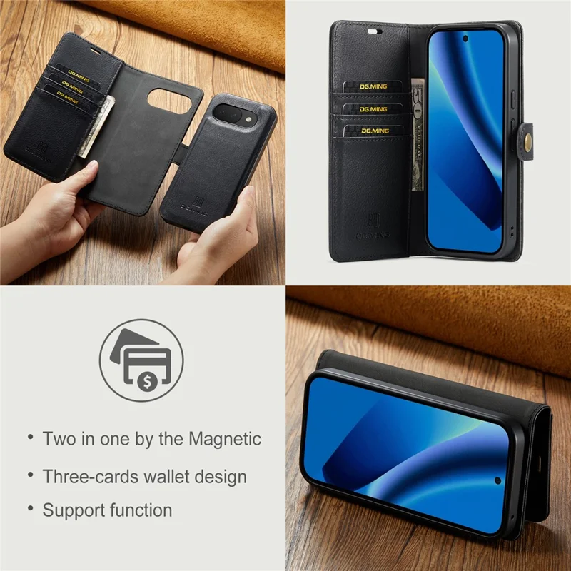 DG.MING for Google Pixel 10a Case Detachable Wallet Stand Split Leather Phone Cover - Black