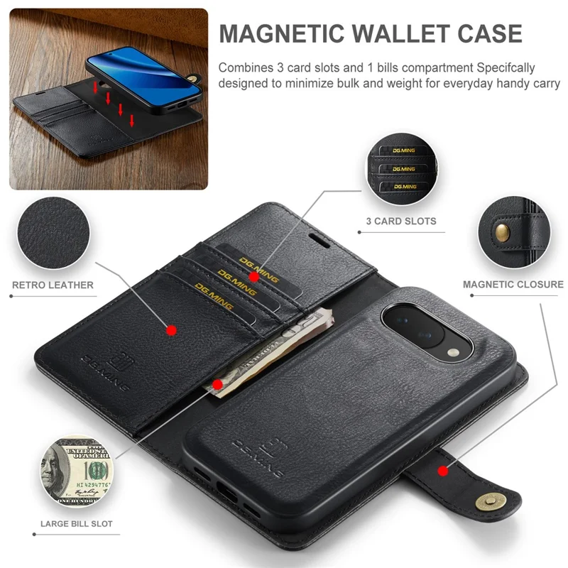 DG.MING for Google Pixel 10a Case Detachable Wallet Stand Split Leather Phone Cover - Black